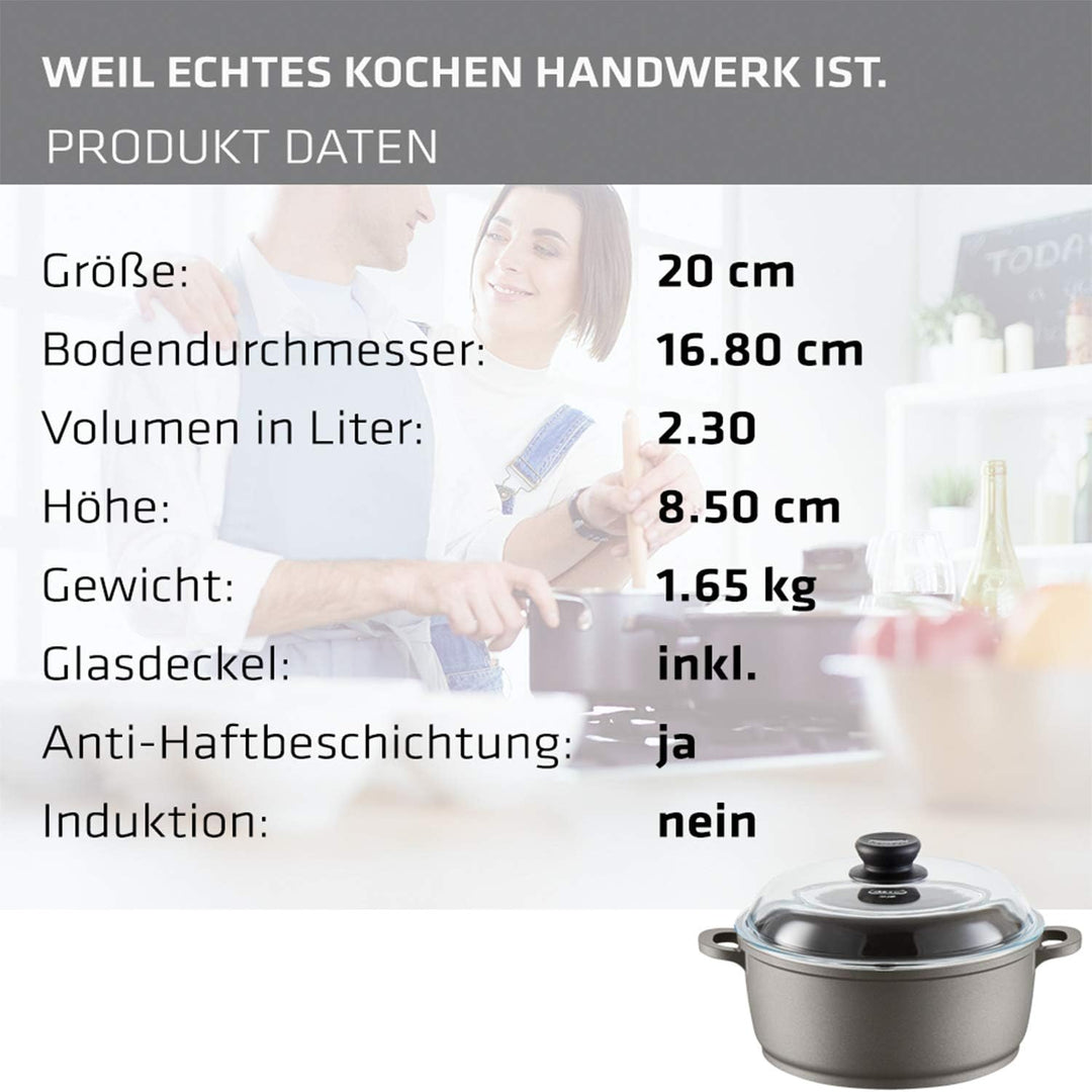 Berndes BONANZA Kochtopf mit Glasdeckel, inkl. Silikon-Thermogriffe, 20 cm, robuster Aluguss, Antiha