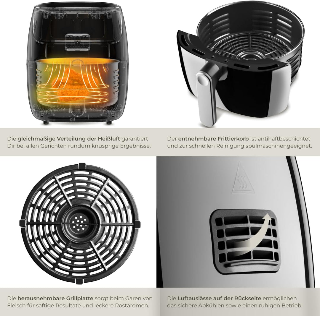 tectake® Heissluftfritteuse 4,3 L Fassungsvermögen, Touchscreen, Antihaft Frittierkorb, Airfryer mit