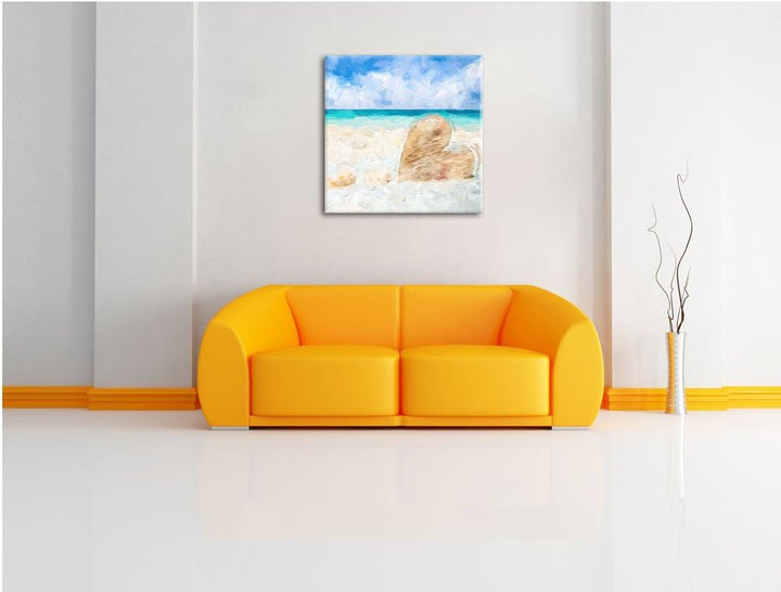 Pixxprint Sandstrand mit Muscheln als Leinwandbild/Grösse: 70x70 cm/Wandbild/Kunstdruck/fertig bespa