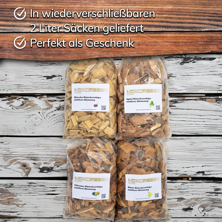 Landree® Starter-Set Räucherchips Kirsche, Apfel, Birne, Pflaume - 4 x 2 Liter -Altes Land- Wood Chi