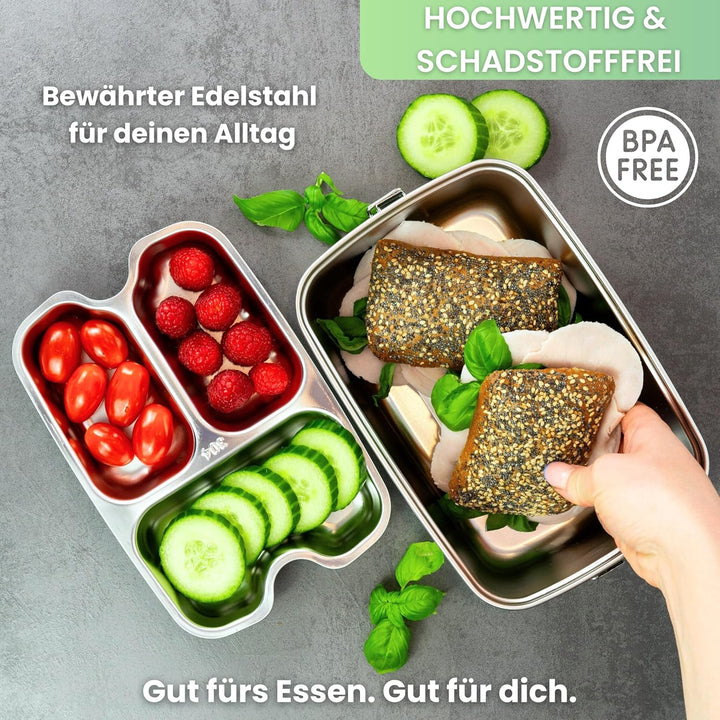 Lunchbox „Frankie“ 2000ml, 4 Fächer, Premium Edelstahl Dose mit Etagen, Meal Prep Bento Box, BPA-fre