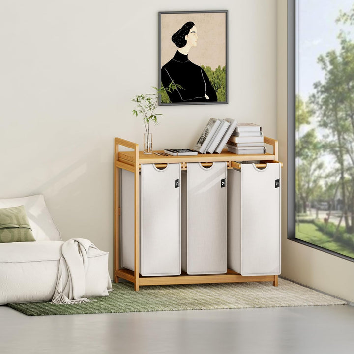 AdelDream Wäschekorb mit Bambusrahmen 150L 3 Fächer Bambus Wäschesammler laundry baskets Bogendesign