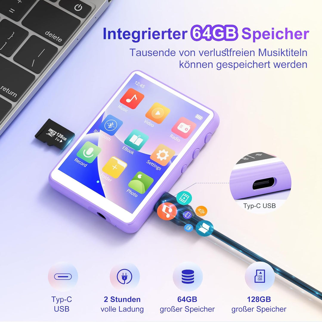 MECHEN Bluetooth 5.3 MP3 Player mit Touchscreen, 64GB MP3-Player mit Lautsprecher, HiFi-Ton, FM-Radi