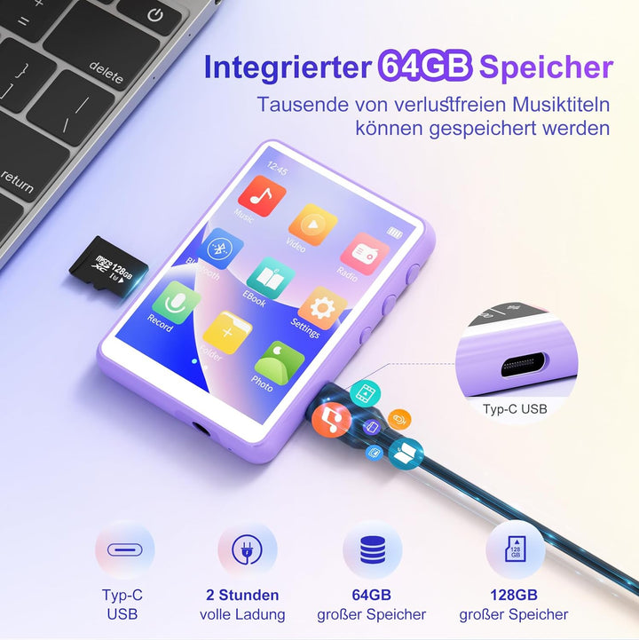 MECHEN Bluetooth 5.3 MP3 Player mit Touchscreen, 64GB MP3-Player mit Lautsprecher, HiFi-Ton, FM-Radi