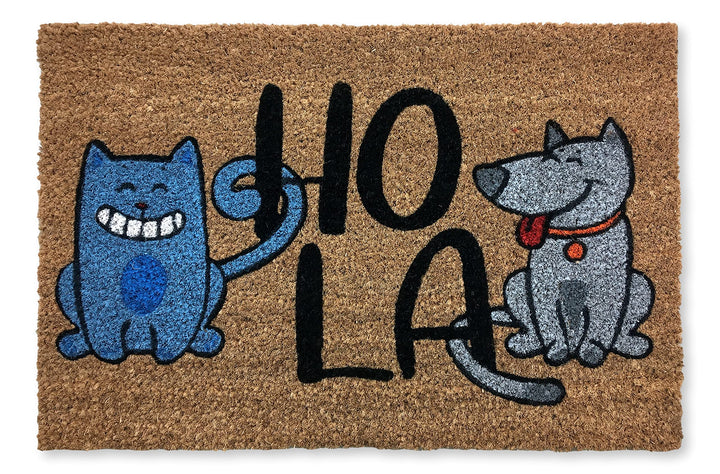 KOKO DOORMATS Kokos Fussmatte aussen mit Anti-Rutsch PVC | Lustige Türmatte Hola - Cat &amp; Dog | Umwel