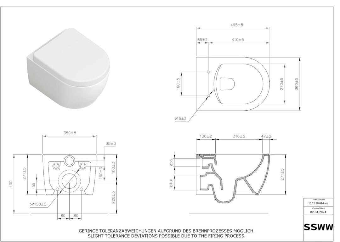 SSWW | Toilette für Gäste-WC, Spülrandloses WC mit Softclose Deckel, Hänge-WC aus Keramik, Wand-WC |
