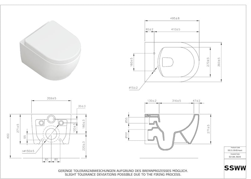SSWW | Toilette für Gäste-WC, Spülrandloses WC mit Softclose Deckel, Hänge-WC aus Keramik, Wand-WC |