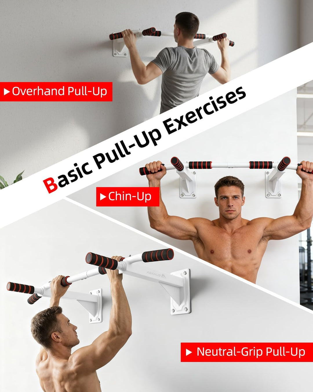 Abahub Klimmzugstange Wandmontage, Mehrfach Griff Chin-Up-Bar für Heimtraining, Bohrmontage, Wand Pu