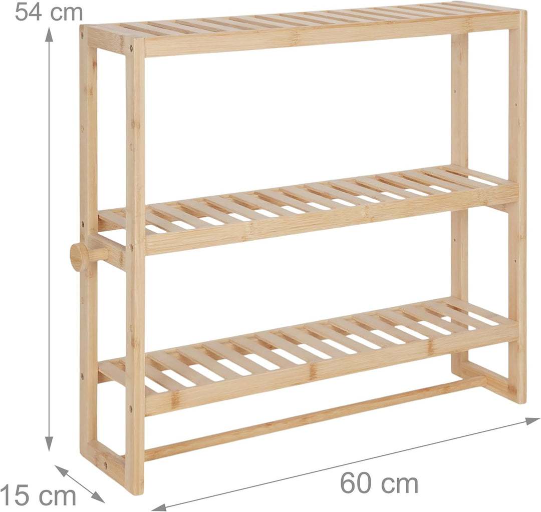 Relaxdays Wandregal Bad, HxBxT: 54 x 60 x 15 cm, Bambus, Handtuchstange, 2 Haken, schmales Schwebere