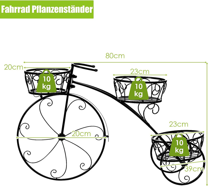 COSTWAY Blumenregal Pflanzenständer Fahrrad, Blumentopf-Ständer Metall mit 3 Körben, Restro Pflanzen