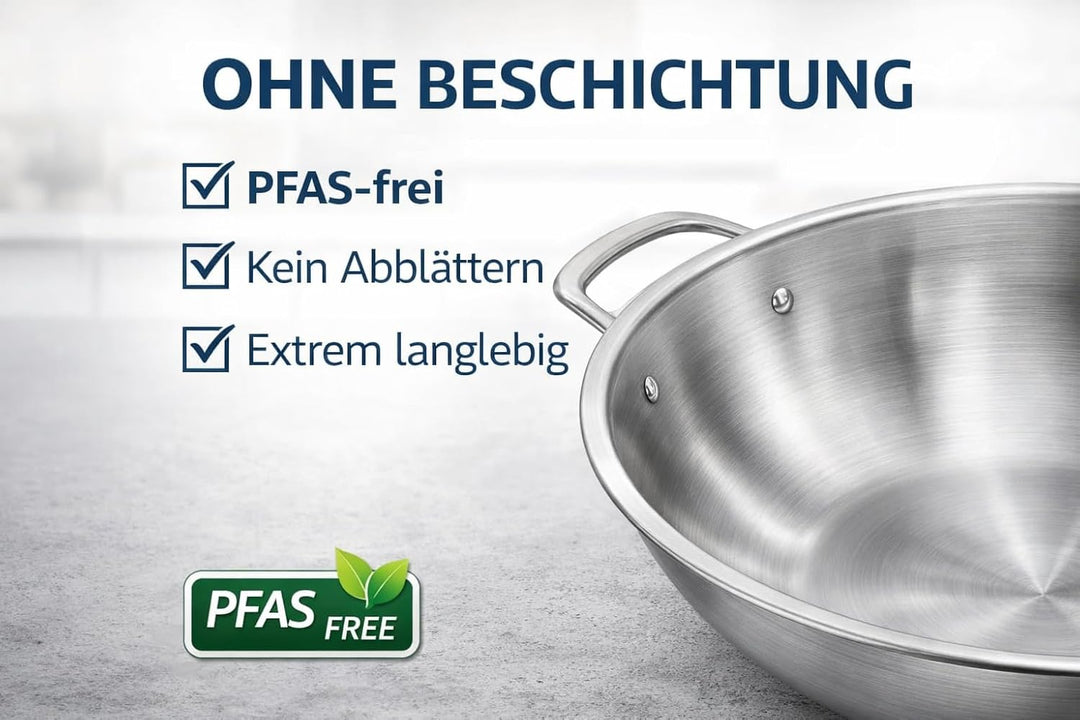 Edelstahl Wokpfanne 32 cm mit Glasdeckel – Ohne Beschichtung – für Induktion & Gas – für alle Herdar