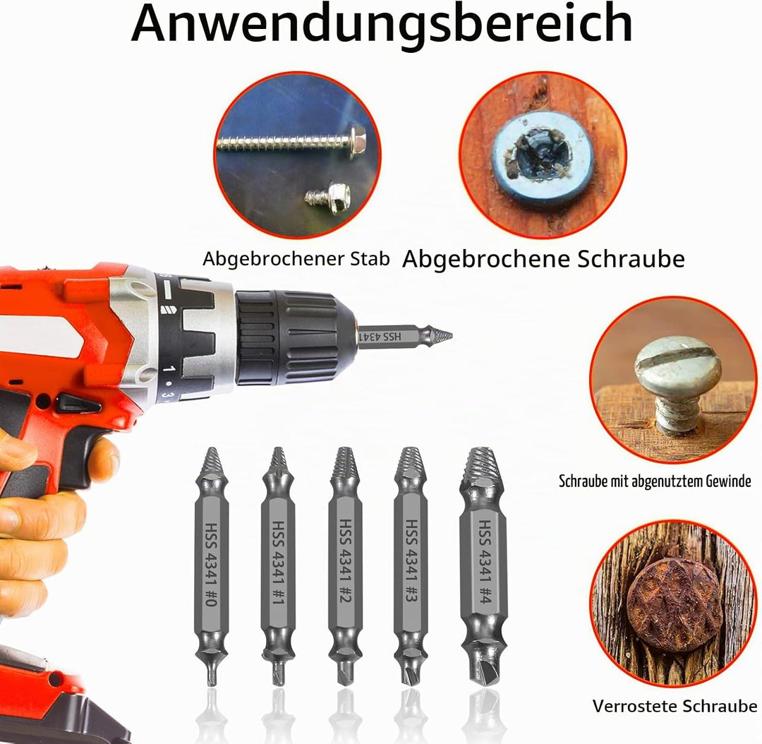 HSS 4341 Schraubenausdreher Set, 5-teilig M3-M18 Beschädigte Schrauben Entferner, Linksdreher mit Se