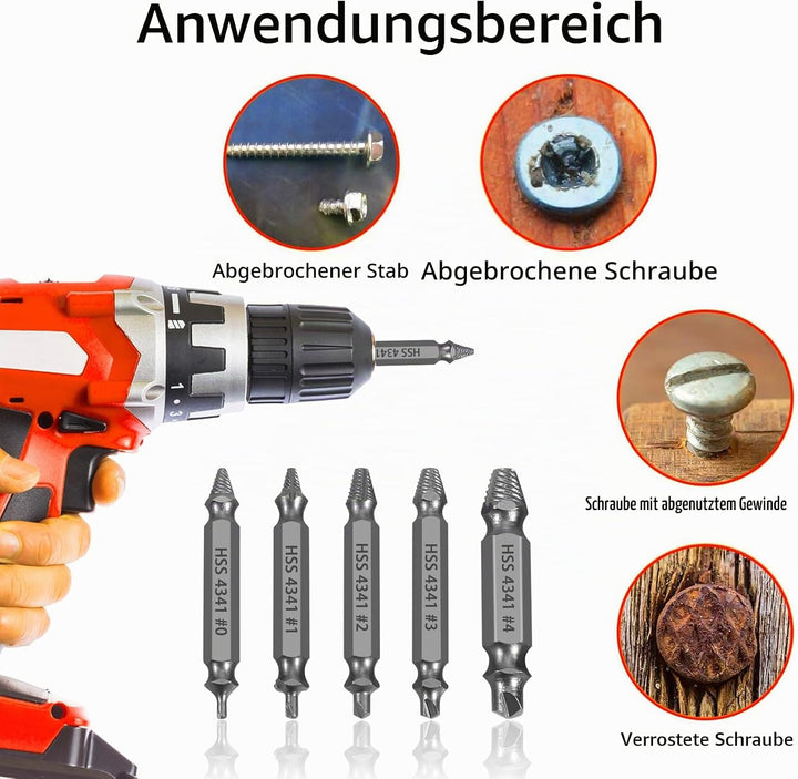 HSS 4341 Schraubenausdreher Set, 5-teilig M3-M18 Beschädigte Schrauben Entferner, Linksdreher mit Se