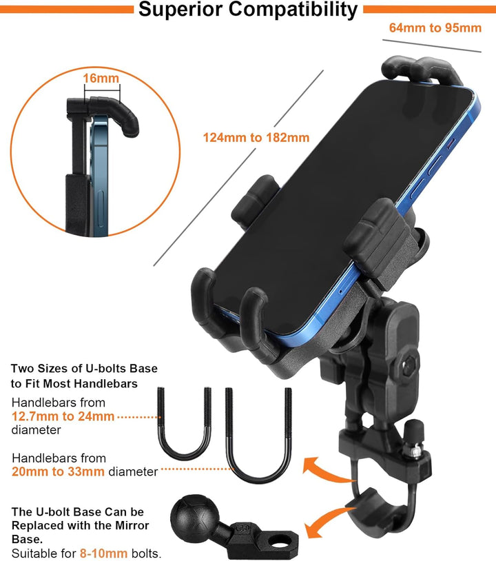 AGEofDMS Motorrad Handyhalterung mit Vibrationsdämpfer, Handyhalter für Roller, Fahrrad, One-Touch A