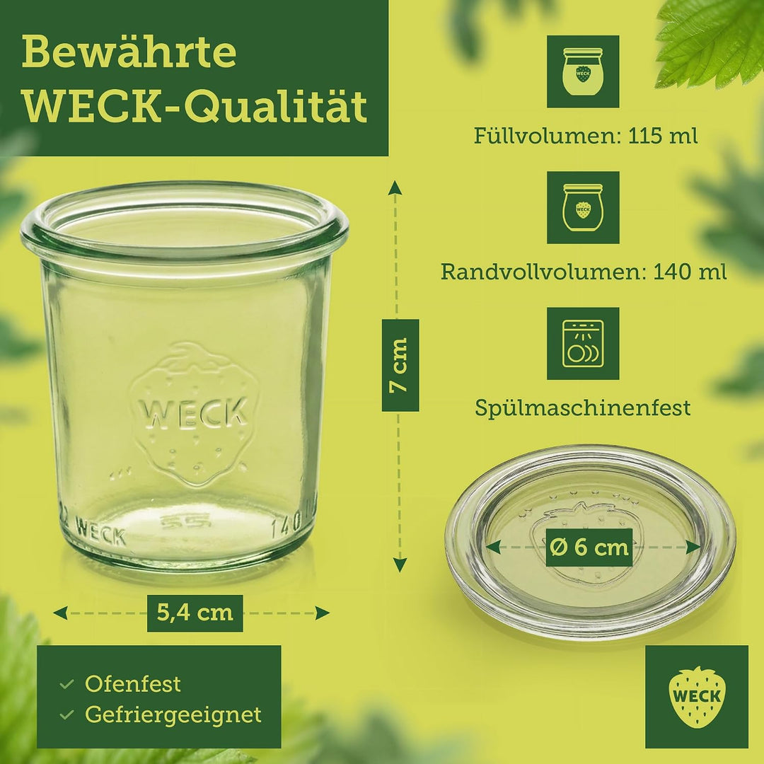 Weck Gläser 140ml – 12er Set mit Deckeln – Sturzform – robuste, stapelbare Dessertgläser, Einkoch- &