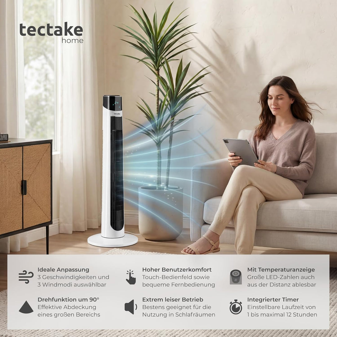 TecTake® Turmventilator, 93 cm, extrem leise, energiesparend, 90° Schwenkfunktion, 3 Modi, 3 Stufen,