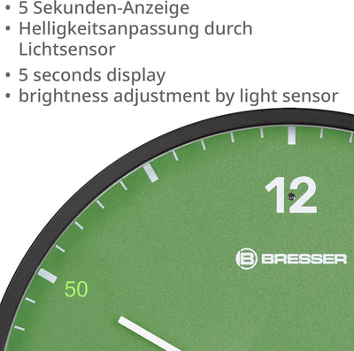 Bresser Funkuhr Wanduhr MyTime LEDsec mit 24 cm grossem Ziffernblatt, LED-Sekundenanzeige, Innentemp