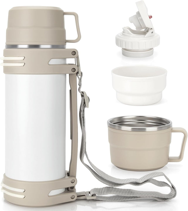 Thermosflasche 1,2L, Thermoskanne mit 2 Becher, Doppelwand aus Edelstahl Isolierflasche, Auslaufsich