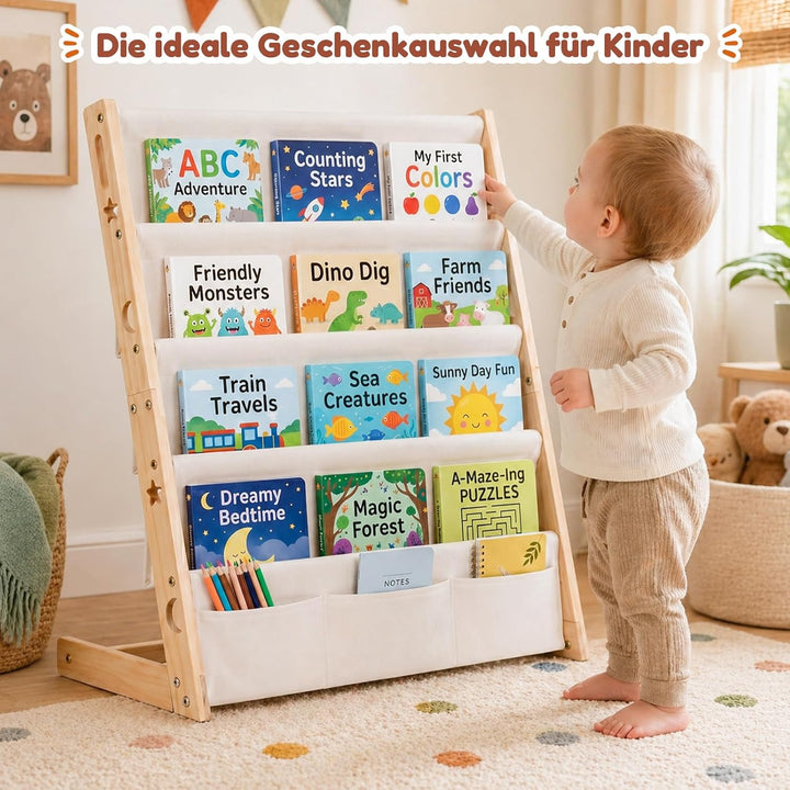 COSYLAND Bücherregal Kinder aus Kiefernholz, 4 Tiefe Fächer für Übersicht | Cover frontal sichtbar,