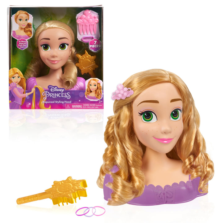 Disney Princess 20 cm Rapunzel Frisierkopf mit Zubehör, 7-teilig, Blondes Haar, Kinderspielzeug für