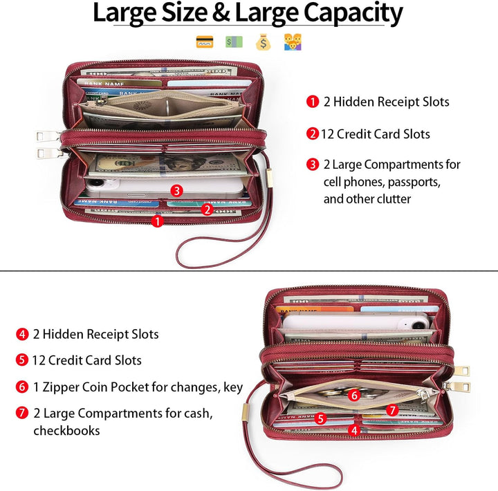 GAEKEAO Geldbörse Damen Gross, Portemonnaie Damen Veganes Leder Doppel Reissverschluss Kreditkartene