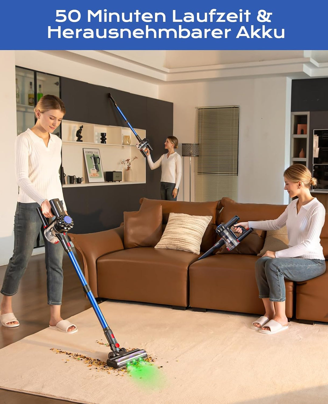 Akku Staubsauger Kabellos 50Mins/40KPA/450W, Akkustaubsauger mit Geen LED, Kabelloser Staubsauger mi