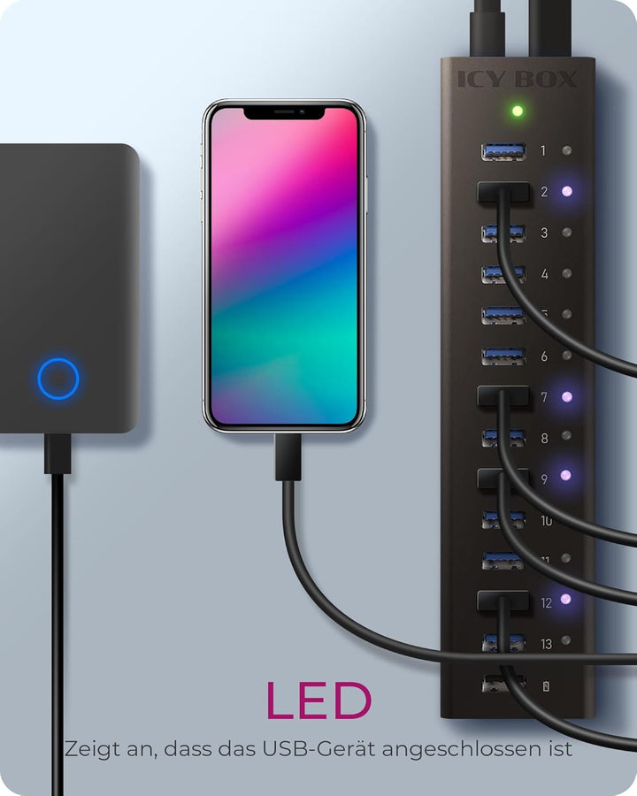 ICY BOX Box IB-AC6113 13-fach USB 3.0 Hub mit 12 V / 5 A Stromadapter, Aluminiumgehäuse und USB-Lade