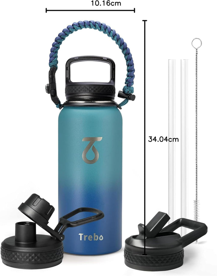 Trebo 946 ml Wasserflasche isoliert mit Paracord-Griff und Strohhalm, vakuumisolierte doppelwandige