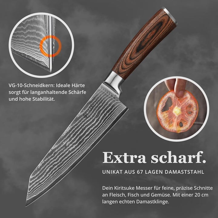 Wakoli EDIB Kiritsuke Messer aus echtem Damaststahl (VG10 Kern) mit 20 cm Klinge – Scharfes Küchenme