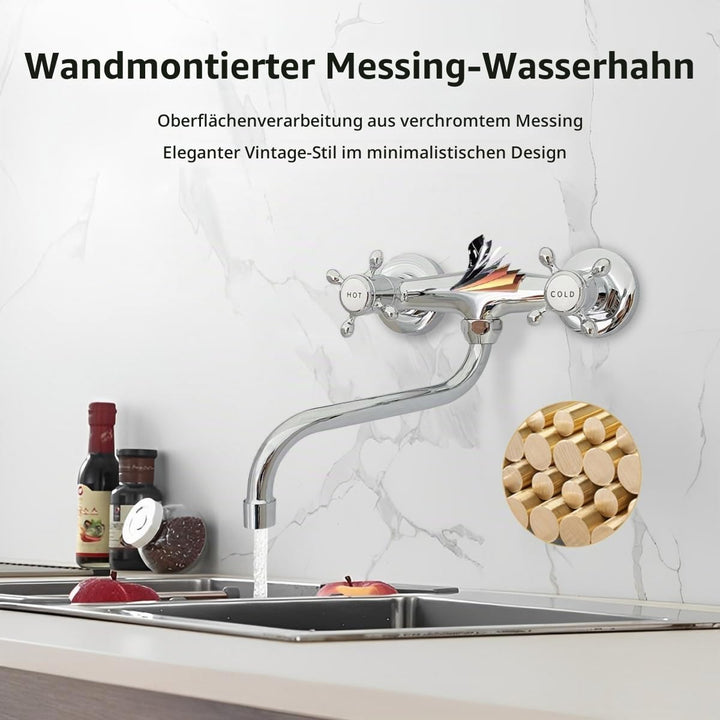 Mischbatterie Küche Wandmontage Chrom, 360°Drehbar Doppelgriff Wasserhahn Küche Messing, Wand Spülti