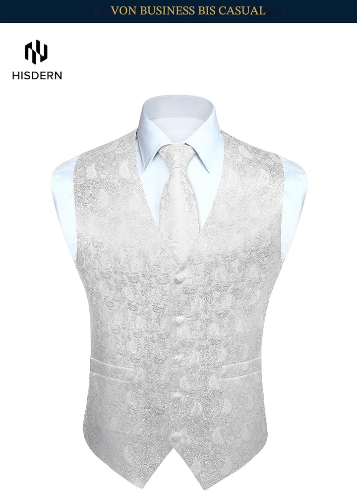 HISDERN Herren Weste Paisley Floral Jacquard Krawatte Einstecktuch Taschentuch Weste Anzug Set XXL W