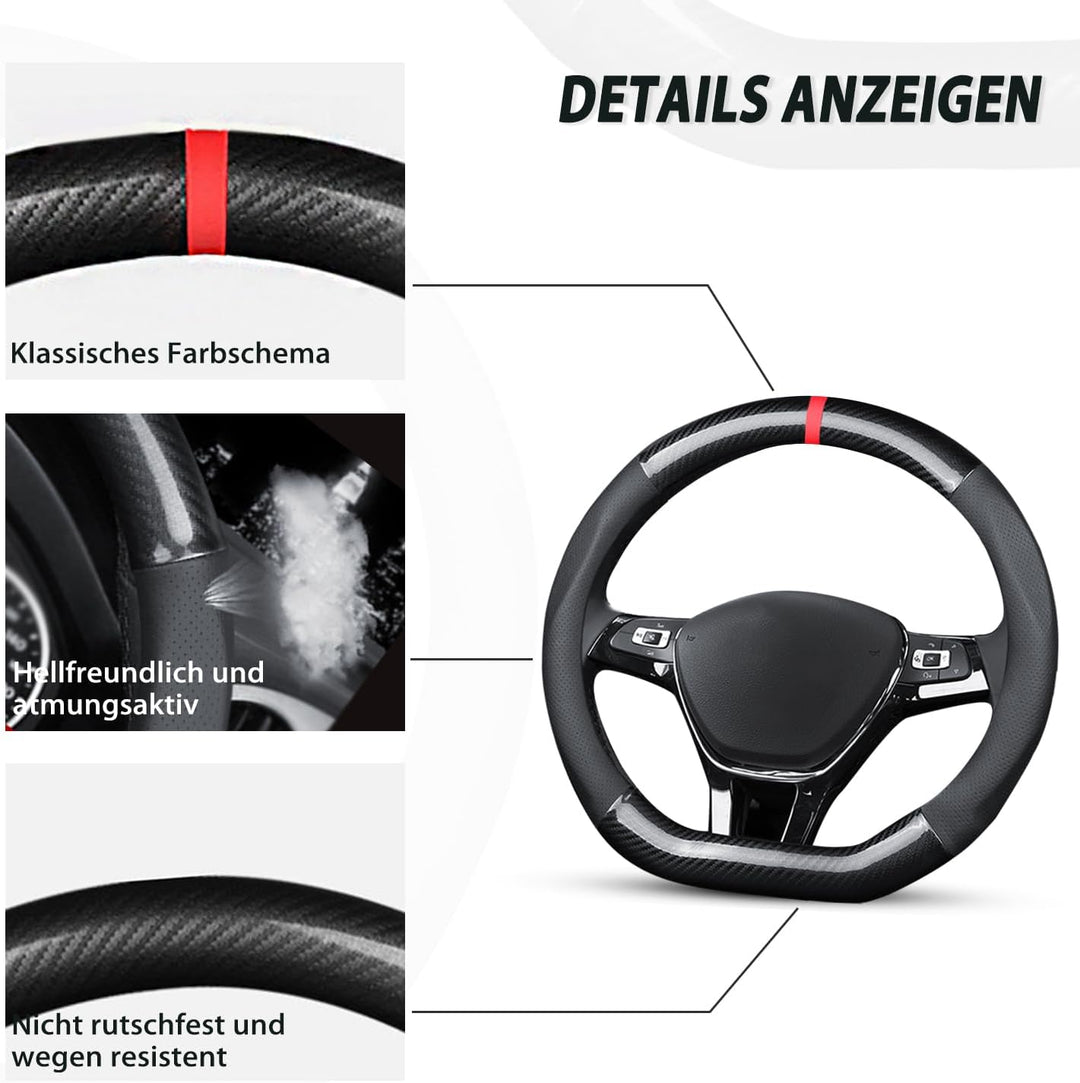 Ergocar Auto Lenkradbezug Rutschfester Auto Lenkradschutz D-Form Kohlefaser &amp; PU Leder für Durchmess
