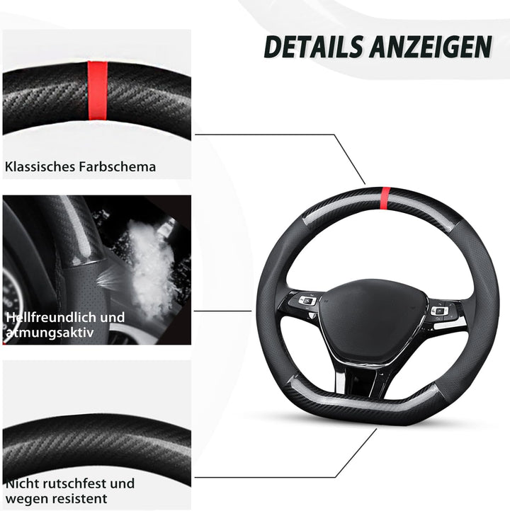 Ergocar Auto Lenkradbezug Rutschfester Auto Lenkradschutz D-Form Kohlefaser &amp; PU Leder für Durchmess
