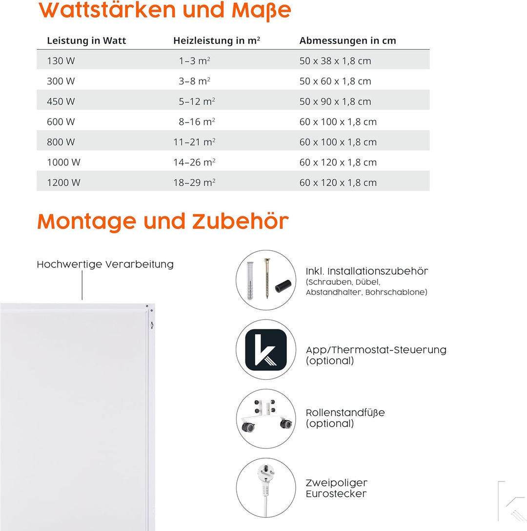 Infrarot Heizung Elektroheizung mit Thermostat 130, 300, 450, 600, 800, 1000 Watt - 5 Jahre Herstell