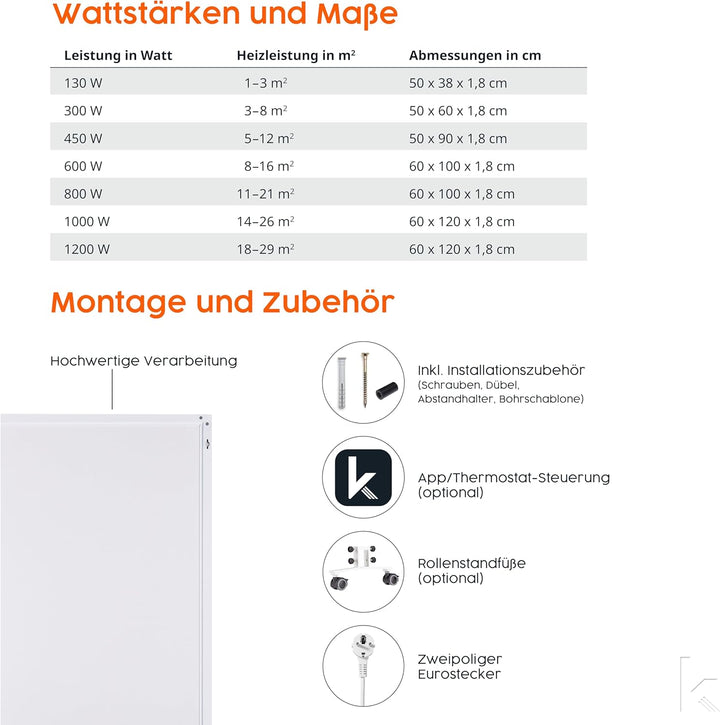 Infrarot Heizung Elektroheizung mit Thermostat 130, 300, 450, 600, 800, 1000 Watt - 5 Jahre Herstell