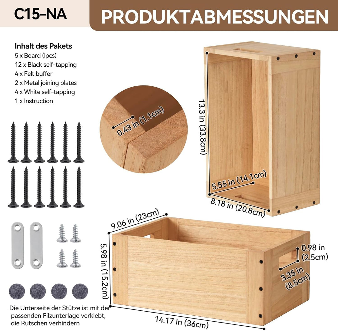 KIRIGEN Stapelbare Aufbewahrungsbox aus Paulownia-Holz, Regalwürfel mit Verbindungsplatten und Fussp