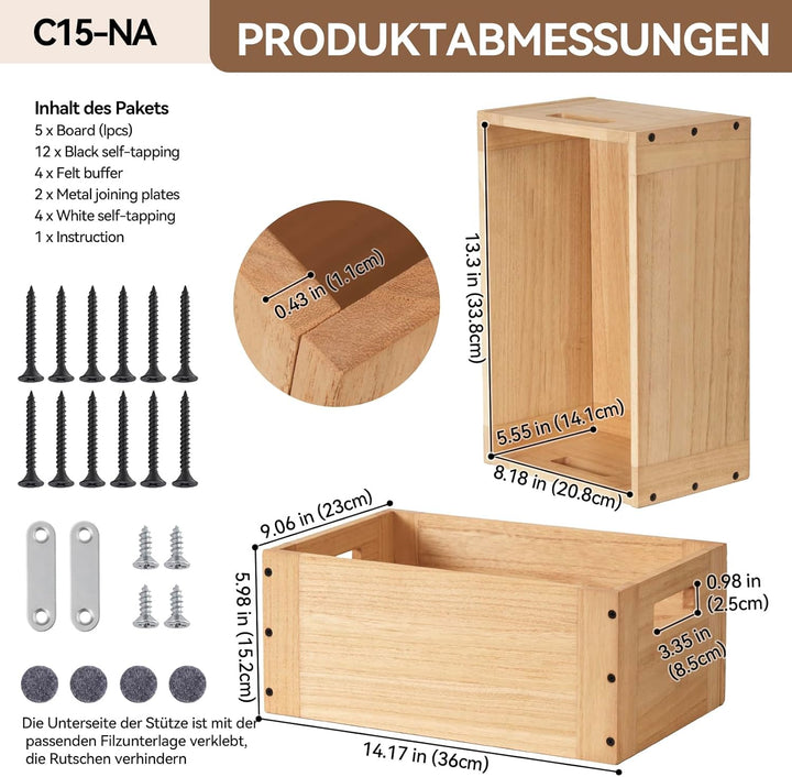 KIRIGEN Stapelbare Aufbewahrungsbox aus Paulownia-Holz, Regalwürfel mit Verbindungsplatten und Fussp
