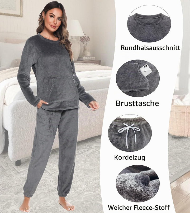Lovasy Fleece Schlafanzug Damen Lang Winter Warmer Pyjama Set Flauschiger Frottee Schlafanzüge für D