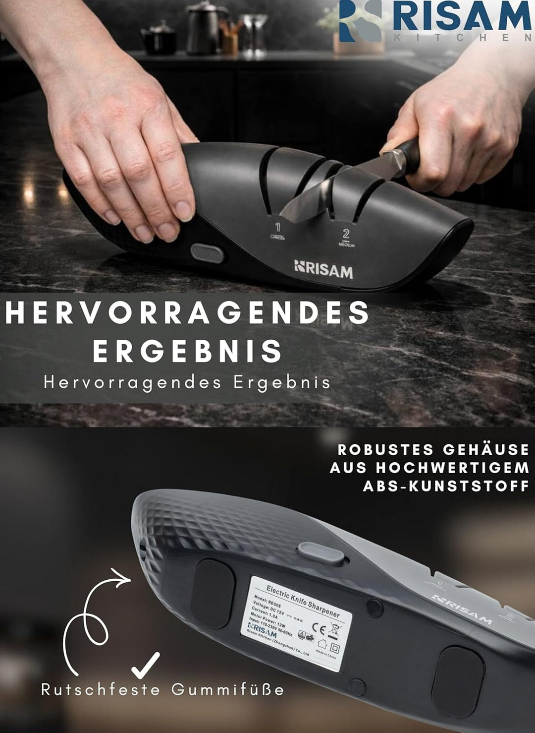 Messerschärfer elektrisch – 2-Stufen Schleifsystem – Messer schärfen für Küchenmesser & Keramikmesse