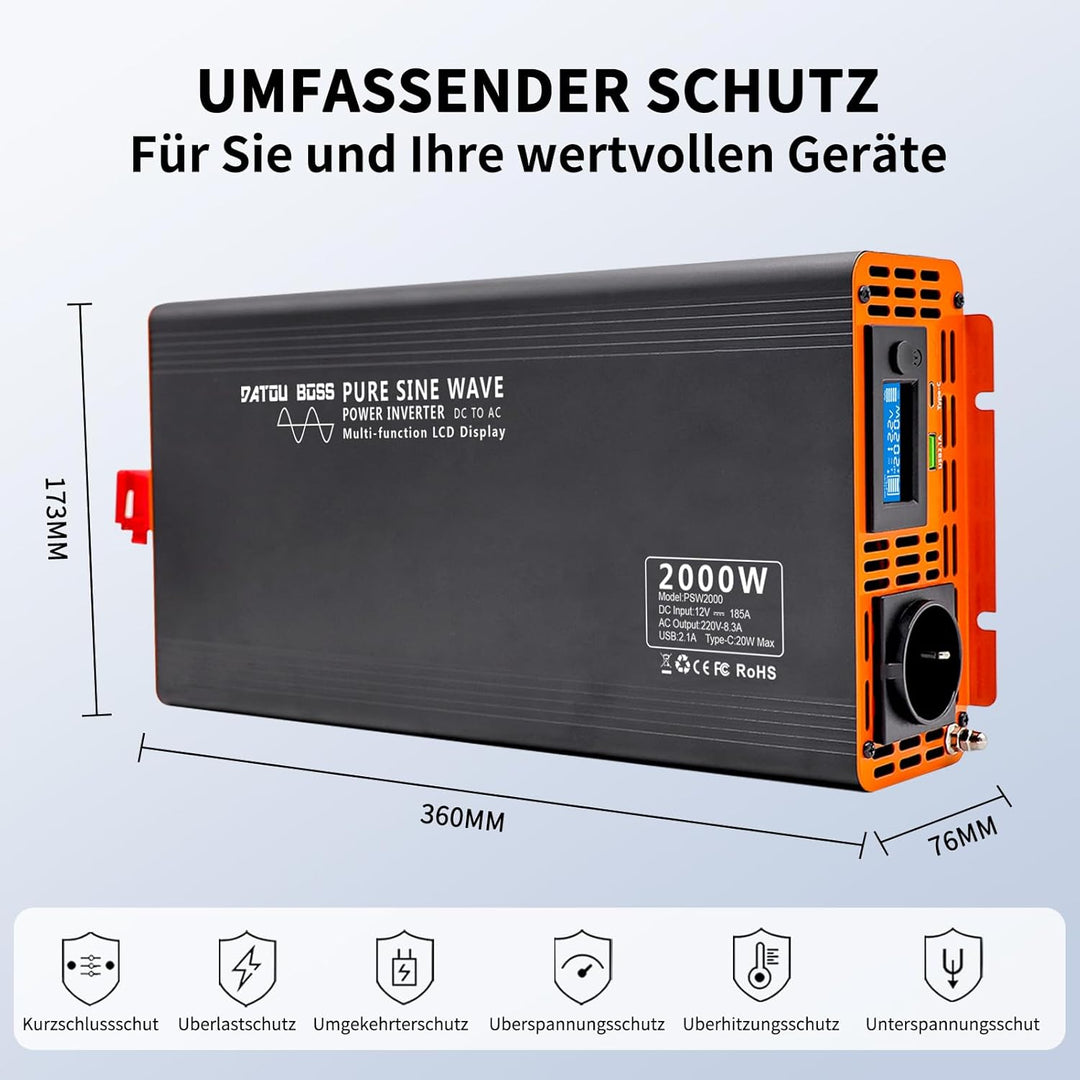 DATOUBOSS 2000W Reiner Sinus Wechselrichter 12V auf 230V (4000W Peak), Spannungswandler mit Funkfern