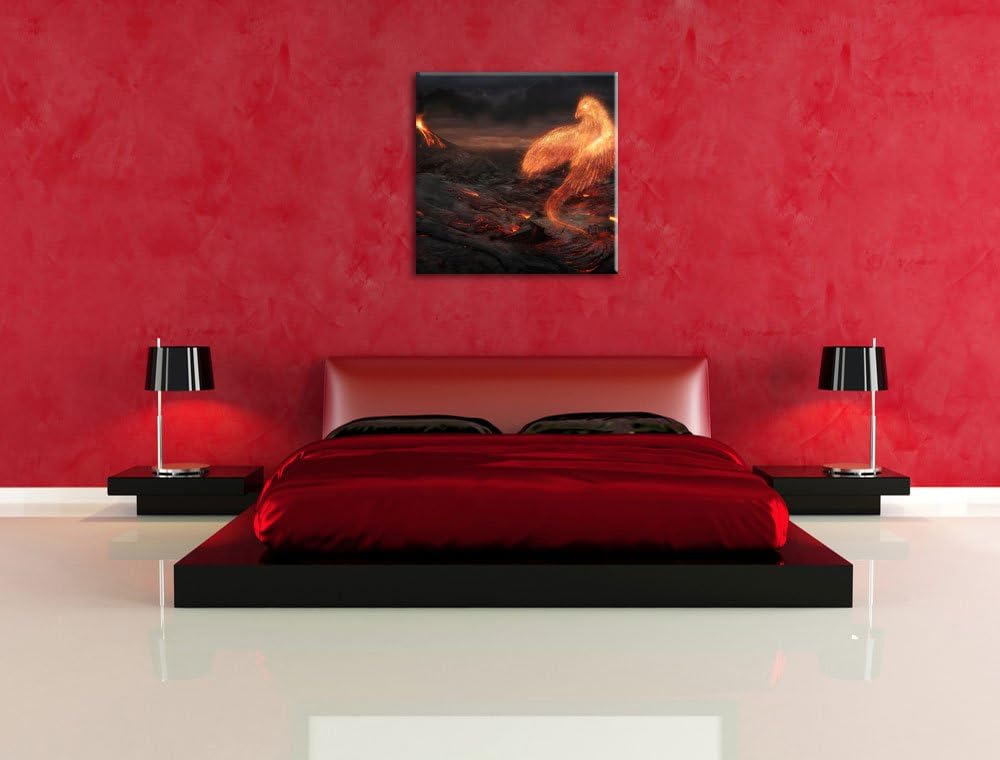 Pixxprint Brennender Phönix Vulkanlandschaft, Format: 70x70 auf Leinwand, 70x70