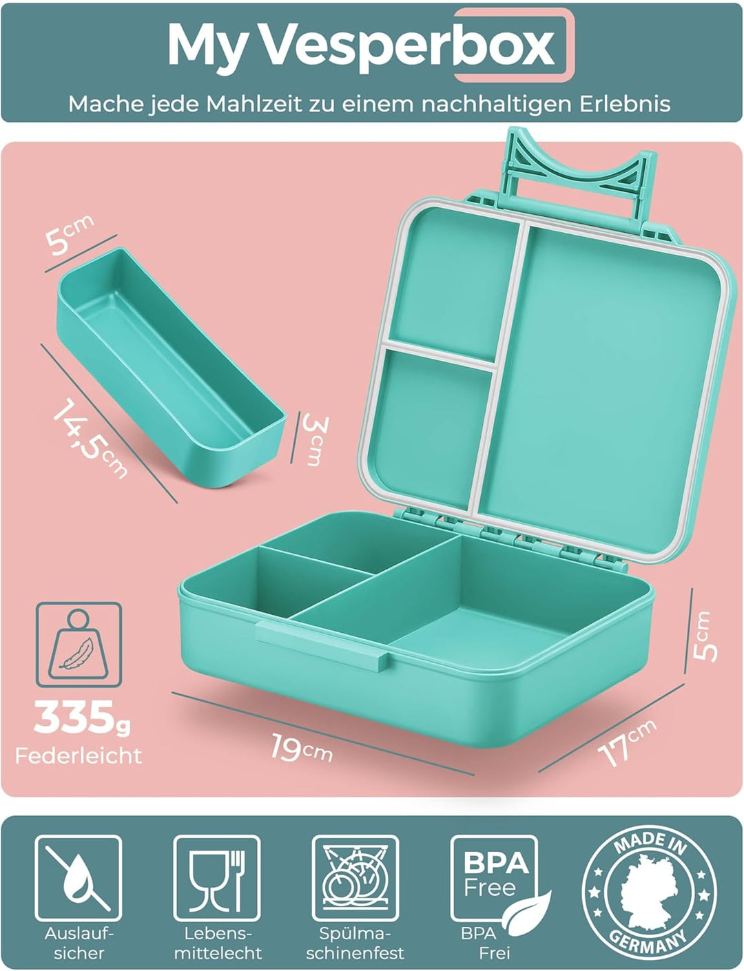My Vesperbox® Brotdose für Kinder mit Fächern Liv [MADE IN GERMANY] - Lunchbox mit Trennfächern - Be