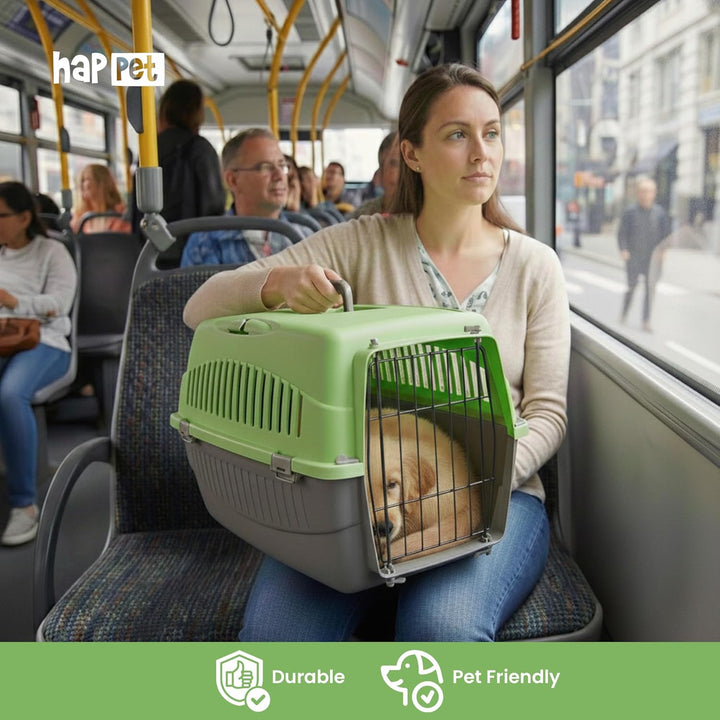 HAPPET Tiertransportbox Doggy M Grün-Grau 54x38x33 cm – Robuste, gut belüftete Transportbox aus Kuns