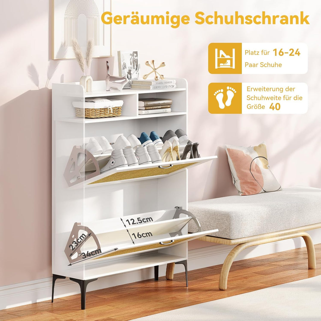 Dripex Schuhschrank schmal, Schuhkipper mit Rattan-Dekor, mit 2 Flip-Schubladen,Schuhregal schmal mi