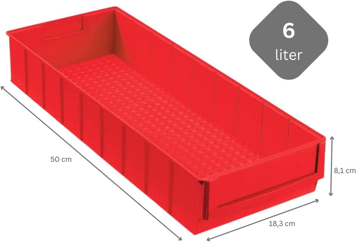 SparSet 10x Rote Industriebox 500 B | HxBxT 8,1x18,3x50cm | 6 Liter | Sichtlagerkasten, Sortimentska