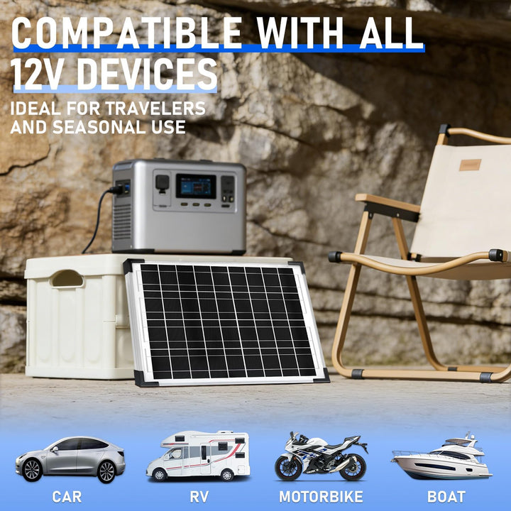 20W 12V Monocrystalline Solar Panel Kit, Black, with 10A Charge Controller, Extension Cable, Battery