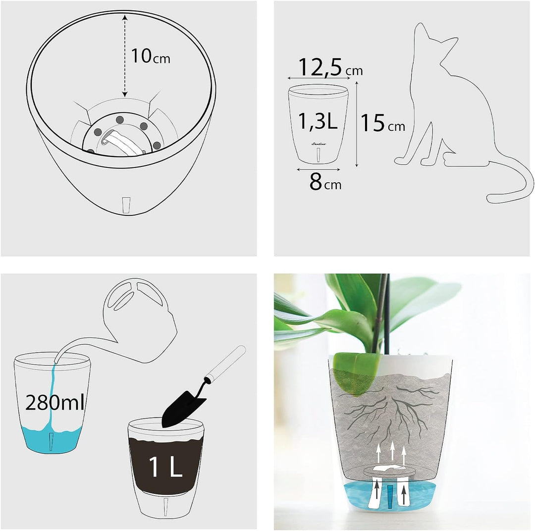 Santino 4er-Set Orchideentopf D 12cm Selbstbewässernder Topf mit Dochtsystem und Wasserstandsanzeige