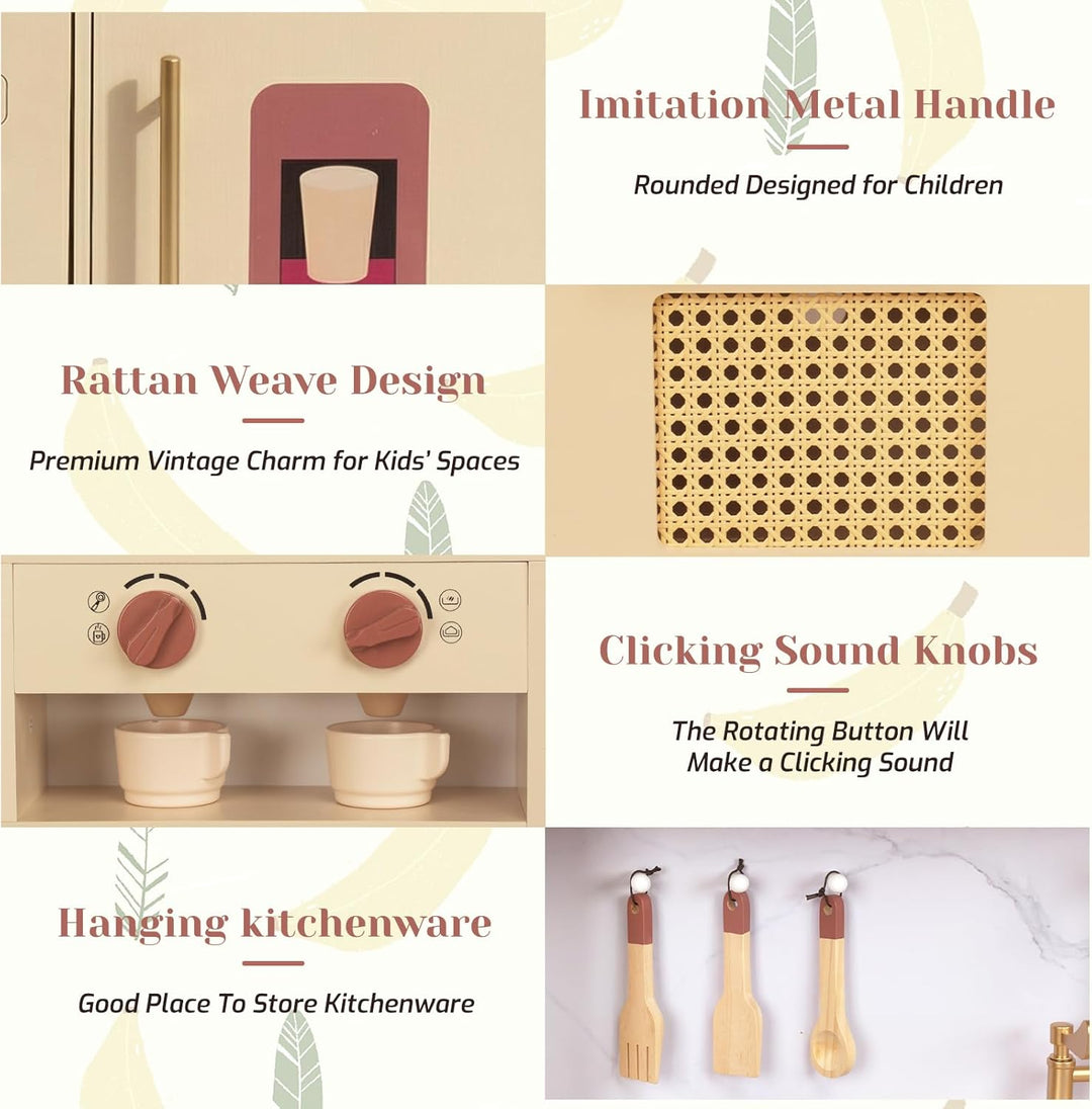 WoodenFun Rosa Retro Kinderküche aus Holz Creme-Beige Spielküche mit Mikrowelle, Backofen, Spüle & Z