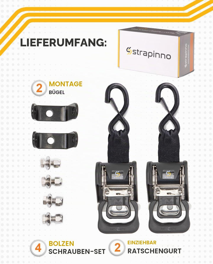 STRAPINNO 2 Stück Edelstahl-Ratschengurte, einziehbar, je 4,2 x 1,2 m, Spanngurte zum Anschrauben –