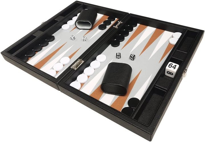 Backgammon-Set, 33 cm, Reisegrösse, schwarzes Brett, weisse und Rum-Punkte
